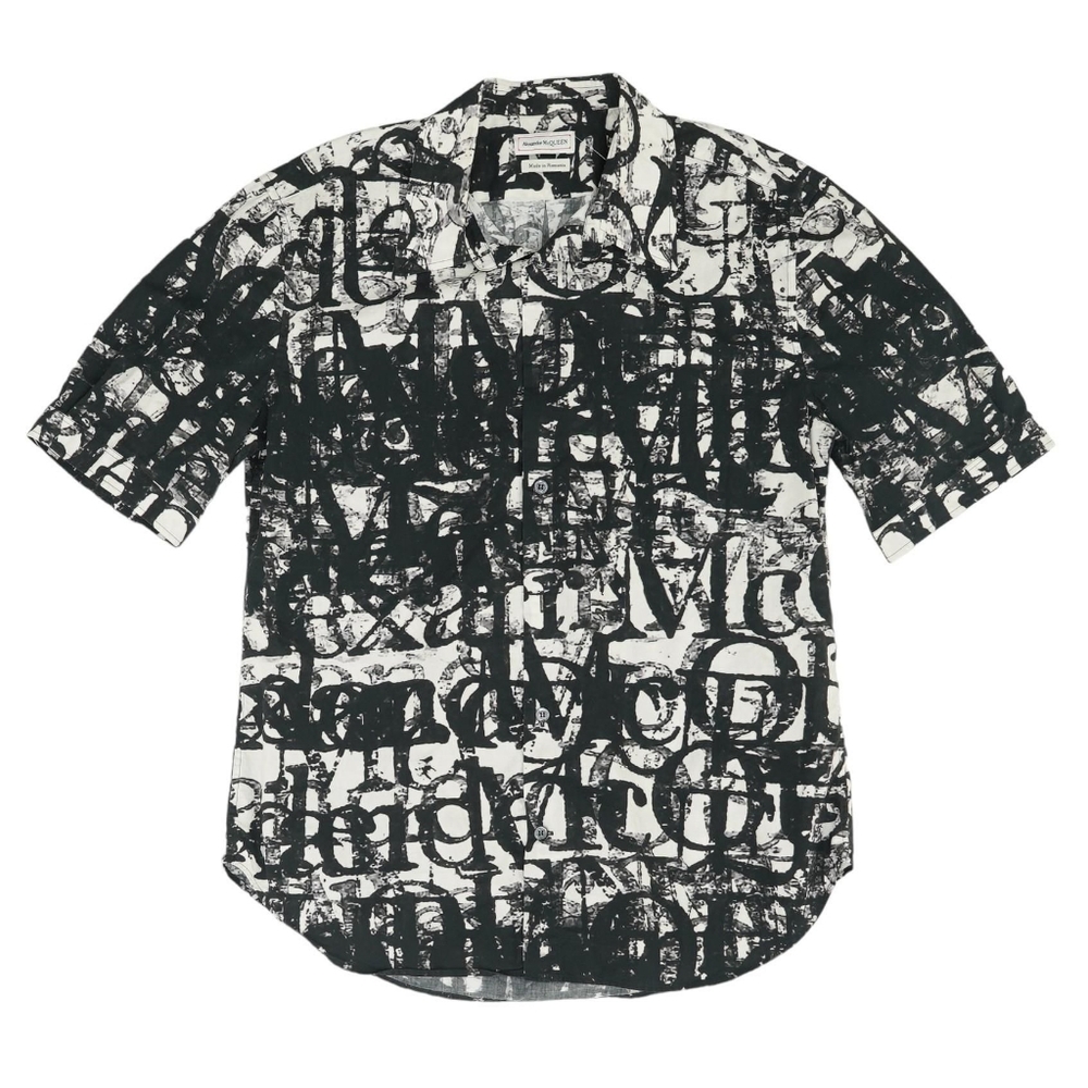 Black Calligraphy Print Short Sleeve Button Down